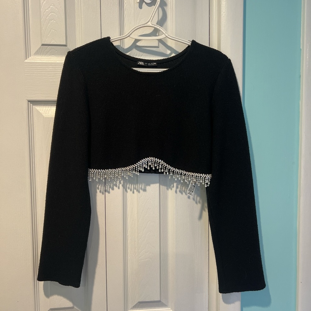 Zara Black Crop Top with Beaded Hem